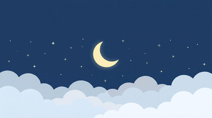 Naklejka premium 三日月と雲を組み合わせた夜空イメージのベクターイラストです。 安眠やリラックスした夜時間を表現しています。