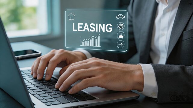 Professional businessman typing on laptop keyboard with floating leasing contract interface, real estate property rental agreement, car hire service