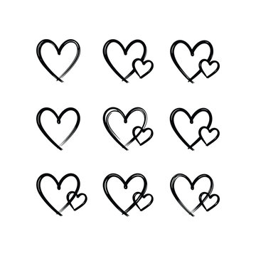 Brush stroke outline heart icons and double heart vectors