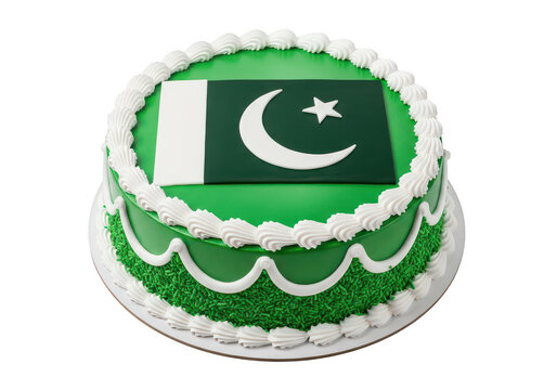 Green and white pakistani flag cake on white background PNG isolated on transparent background