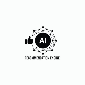 Artificial intelligence recommendation engine icon with thumbs up network nodes and black silhouette style machine learning system thumbs positive feedback