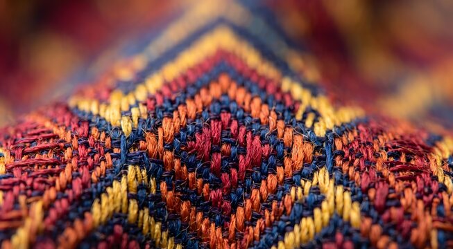 Extreme macro photograph of Thai Mudmee Ikat silk fabric, shot with 100mm macro lens, revealing individual silk threads woven in geometric diamond and chevron patterns.