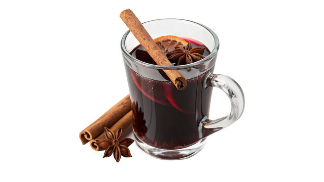 Glass mug of hot mulled wine with cinnamon sticks and star anise isolated on transparent background cut out