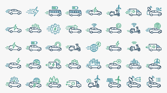 Artistic creative smart mobility logo featuring sleek electric vehicle silhouette with vibrant energy streak in modern gradient blue and green tones under dynamic lighting