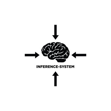 Brain silhouette with directional arrows and text on a white background representing an inference system human cerebrum cognitive function