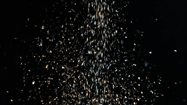 Close-up of glittering particles cascading in darkness, creating a shimmering, dynamic visual display