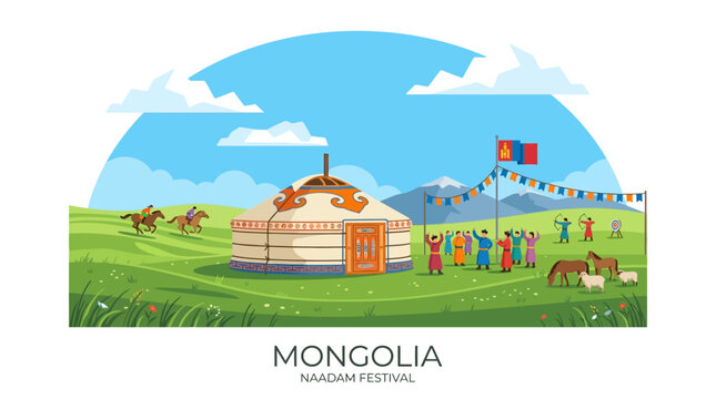 People gather around a traditional yurt in a green field during a festival in Mongolia.