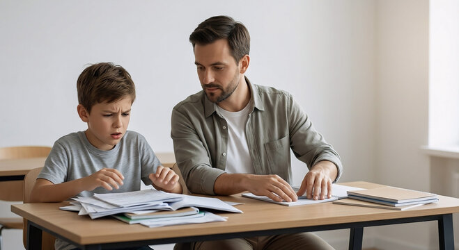 Frustrated Schoolboy Struggling with Homework While Receiving Academic Support from Father