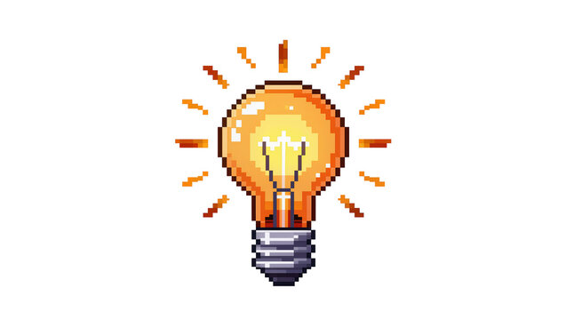 Pixelated glowing incandescent light bulb with radiating lines, isolated on transparent background