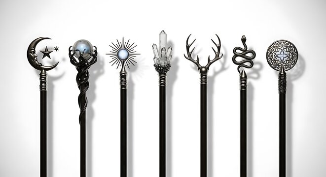 Seven intricately designed staffs with different ornate tops, placed in a row on a white background