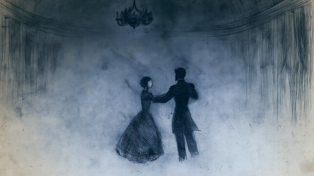 Couple waltzing in an empty grand ballroom, vintage drypoint illustration