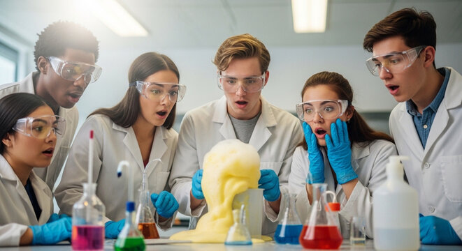 Surprised students observe chemical reaction in university science lab