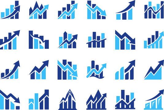 Business growth graph and financial chart icon set showing upward trends and statistics.