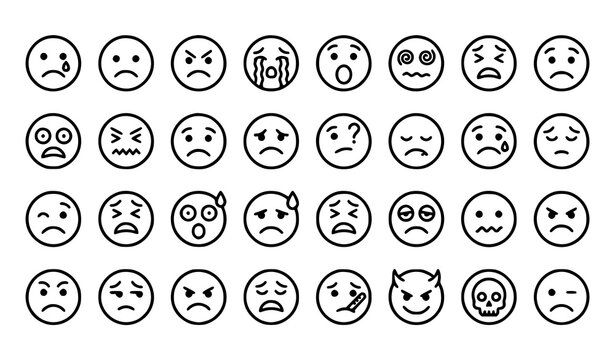Negative Reaction Emoji Icon Pack with Sad Angry Shocked Dizzy Devil and Skull Expressions