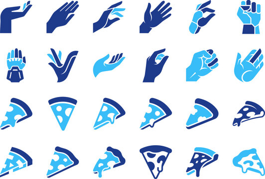 Blue icon collection featuring human hand gestures and various pizza slice food shapes.