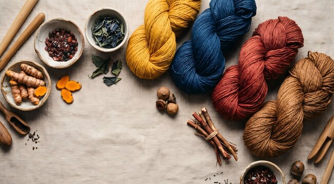 Flat lay overhead photograph on a natural linen surface: freshly dyed silk skeins in earthy natural dye colors &mdash; turmeric yellow, indigo blue, madder red, and tannin brown.