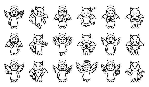 Cute Angel and Devil Character Outline Icon Set with Good and Evil Cartoon Mascot Expressions