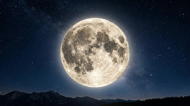 Stunning Full Moon Over Mountain Range at Night