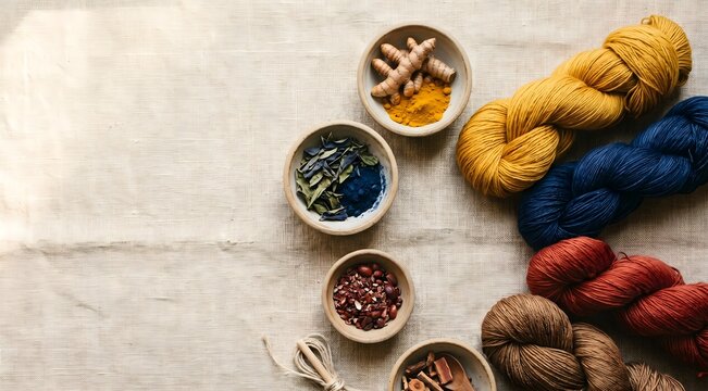 Flat lay overhead photograph on a natural linen surface: freshly dyed silk skeins in earthy natural dye colors &mdash; turmeric yellow, indigo blue, madder red, and tannin brown.