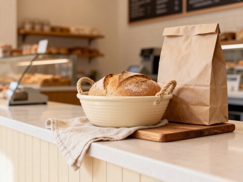 Fresh bread in bowl with paper bag on bakery counter