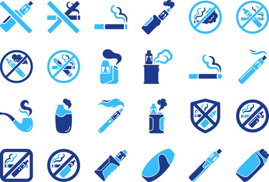 No smoking and vaping sign set electronic cigarette and nicotine product prohibition icons.