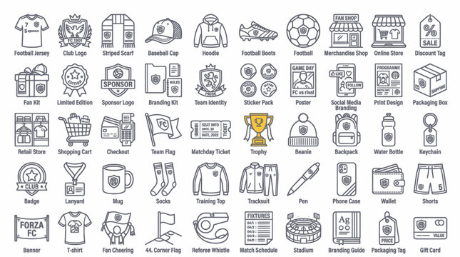 Collection of football team branding and merchandise icons
