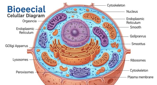 Colorful Cellular Diagram Showing Organelles and Nucleus in Cross Section