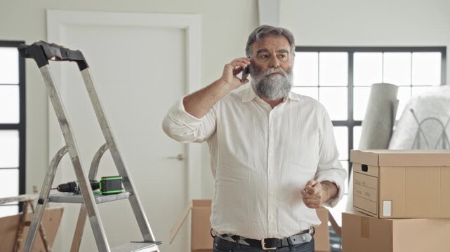 Hoary bearded man holding smartphone to ear beside stacked moving boxes and a ladder in building; moving concern.