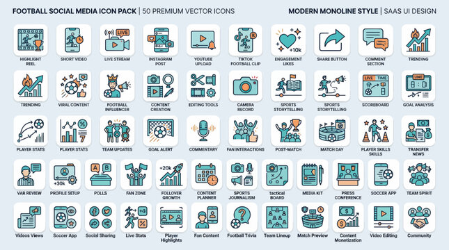 Football social media icon pack with 50 modern monoline style vector graphics for saas ui design