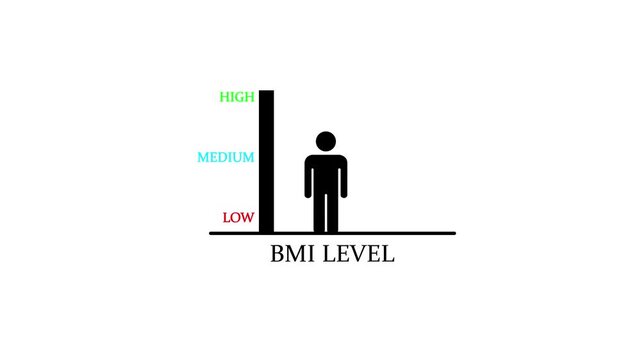 BMI level chart animation with human body icon and fitness scale low medium high indicators body mass index health infographic loop motion graphic isolated on white background, with video animation.