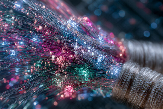 Extreme macro fiber optic cross-section with glowing cyan and magenta light trails. Brushed metal connectors, server bokeh, shallow focus. Clean right space ideal for tech marketing and ISP campaigns.