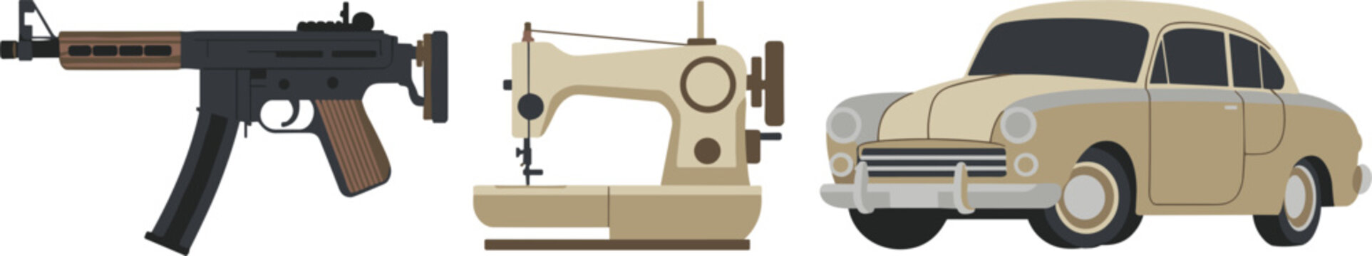 Antique object set with old car sewing machine and firearm vector design elements