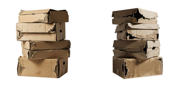Two stacks of damaged and worn cardboard boxes isolated on transparent background