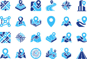 Fototapeta premium Map location pin and navigation path icons for travel apps and location tracking services.