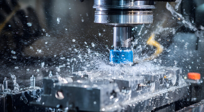 Spinning aluminum stock is coated with blue coolant as the CNC milling machine carves precise titanium aerospace brackets, with sparks skimmi 3