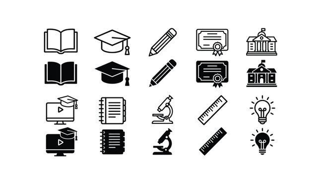 Education and science icon set with book graduation cap pencil diploma school building computer academy notebook microscope ruler light bulb ideas.