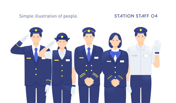 集合する駅員スタッフ男女5人 敬礼とあいさつをする鉄道スタッフの上半身イラストセット
