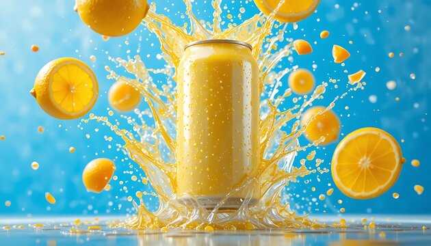 Fresh orange juice splashing out of a metal can with sliced fruit pieces on a vibrant blue background. lata refresco