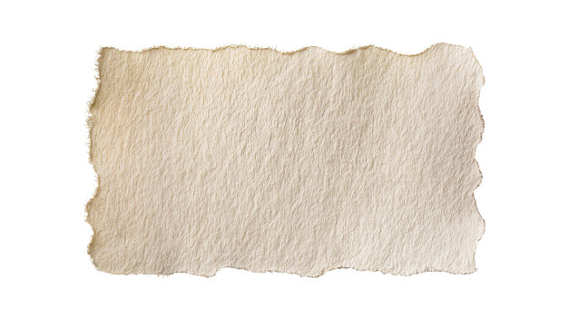 Rough textured beige paper fragment with torn edges, isolated on transparent background