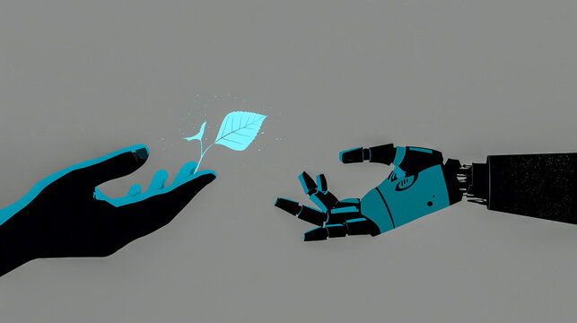High contrast illustration of a human hand and a robotic machine hand reaching for a small glowing blue leaf sprout.