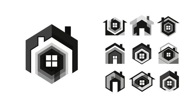 Geometric house logos in various styles for real estate and property concepts