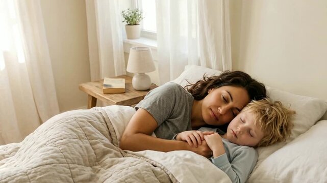 Warm Morning with Mother and Son in Cozy Bedroom