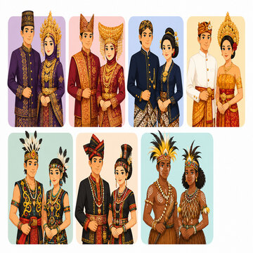 Indonesian Traditional Costume Set &mdash; Modern Flat Vector Infographic of Pakaian Adat Characters from Indonesian Provinces