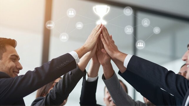 Business team celebrating reward with high five in office