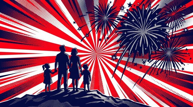 A loving family watches a spectacular patriotic fireworks display under a vibrant red and white sky