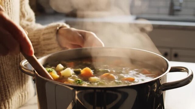 Soup Stewing in Pot with Steam Rising In Kitchen