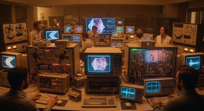 Scientists working in a retro computer laboratory