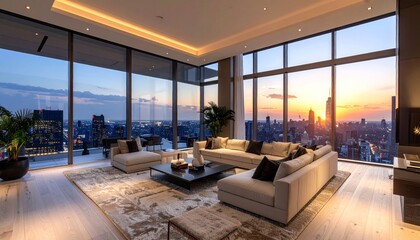 Modern luxury living room with city skyline view at sunset. © avivmuzi