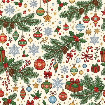 Christmas Seamless Pattern with Snowflakes Ornaments and Festive Decorations