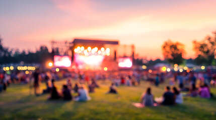 Obraz premium A summer concert scene blurred in the background, with foreground grass, a lake view, and a sunset, illuminated by stage lights, alongside a relaxed crowd, perfect for lifestyle event design